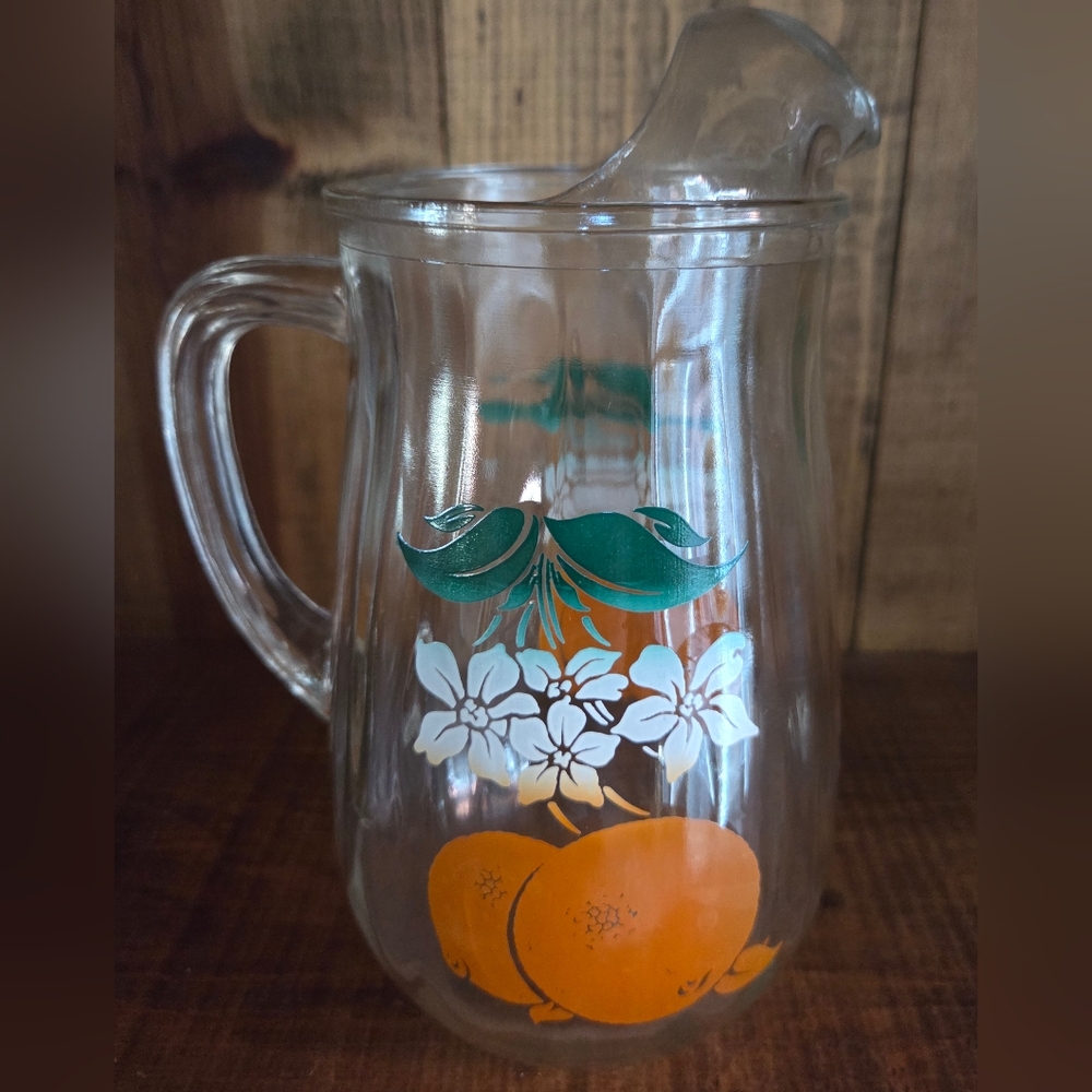 Vintage Mid-Century Glass Orange Juice Small Pitcher w/ Ice Lip 1960s
